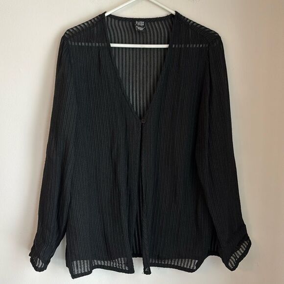 Eileen Fisher Women sheer black stripped single button cardigan wool blend top M - Picture 1 of 9